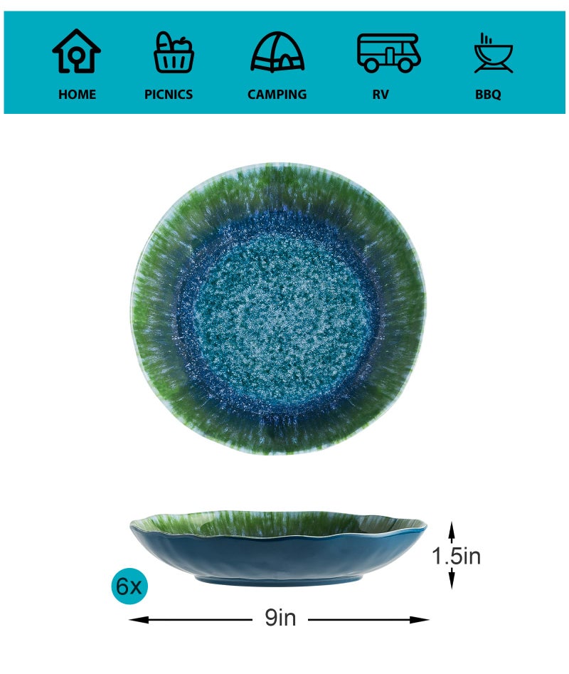 Topmela Melamine Pasta Bowls Large Salad Bowls Set 9 inch Sets of 6 pcs Soup Bowls Wide Shallow Flat Turquoise Teal Round Dinnerware Tableware Dishwasher Safe Not Microware Not Oven - Image 2